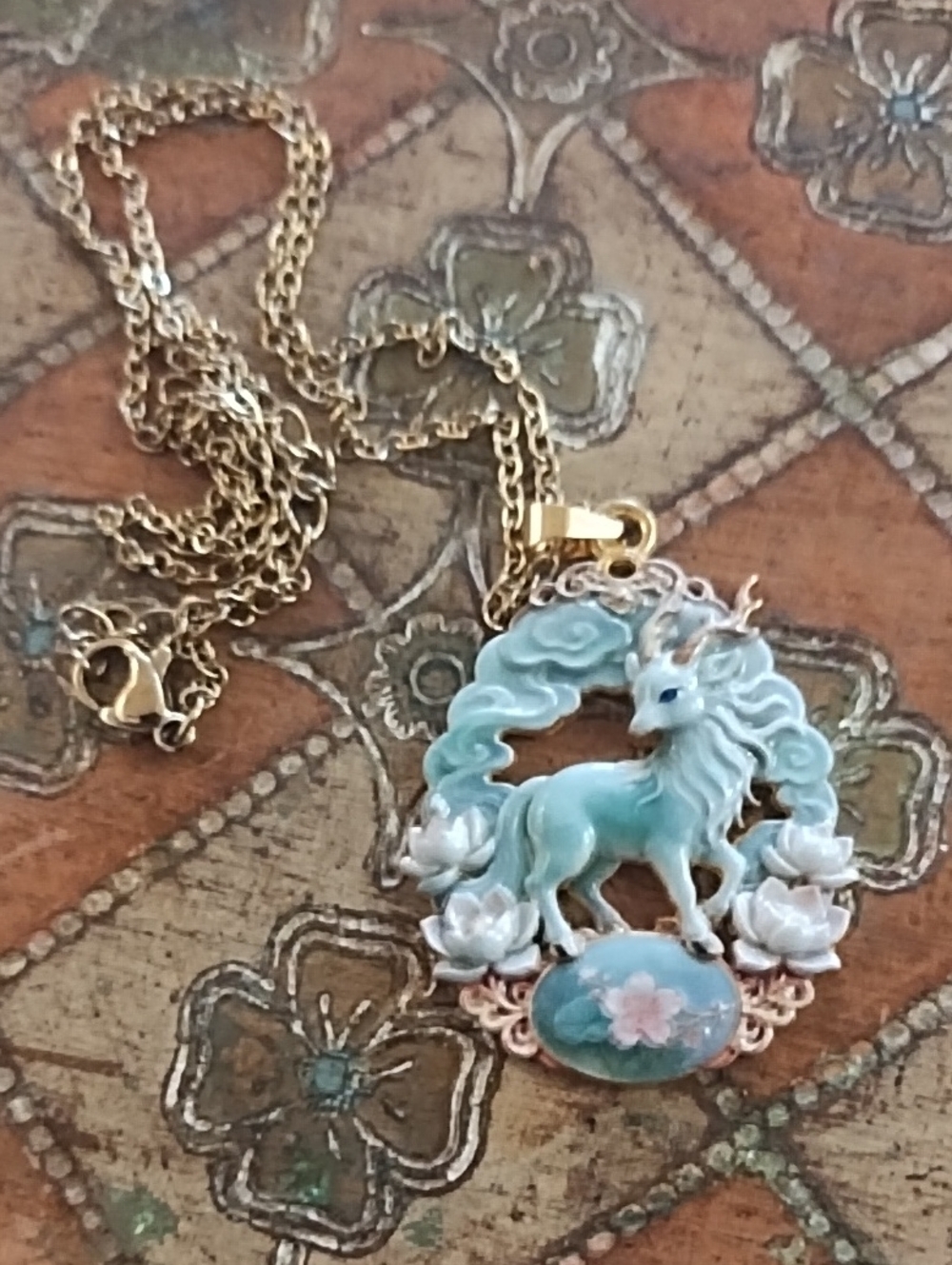 Gold Chain Necklace with Turquoise Unicorn Pendant